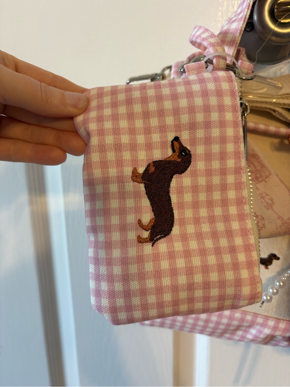 Madden Girl Pink Gingham Dachshund Crossbody Bag with Plush Charm - Picture 2 of 6